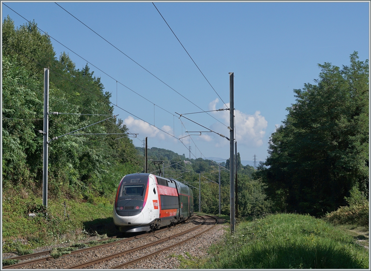 A TGV Lyria on the way from Paris to Geneva between Pougny-Chancy (F) and La Plaine (F).

06.09. 2021