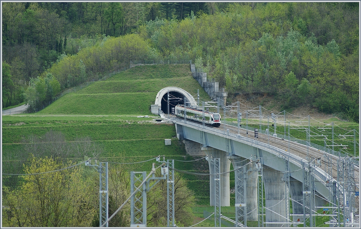A TILO Flirt on the way to Mendrisio on the 438 Meters long Bevera Bridge between Cantello Gaggiolo and Arcisate. 27.04.2019
