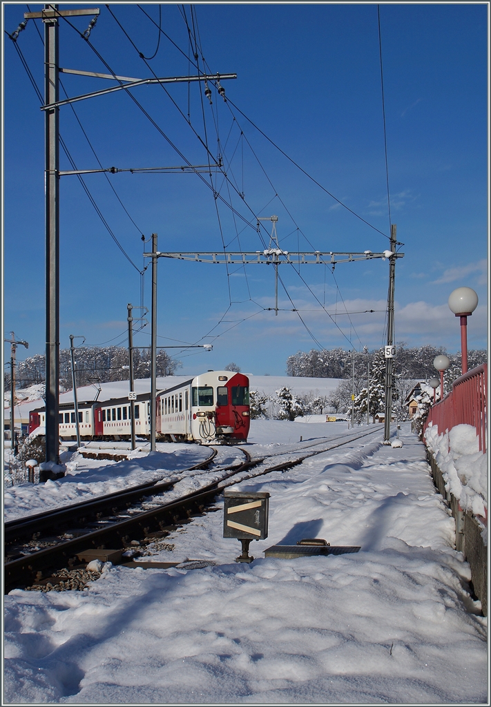 A TPF local train from Palézieux is arriving at Châtel St Denis.
21.01.2015f