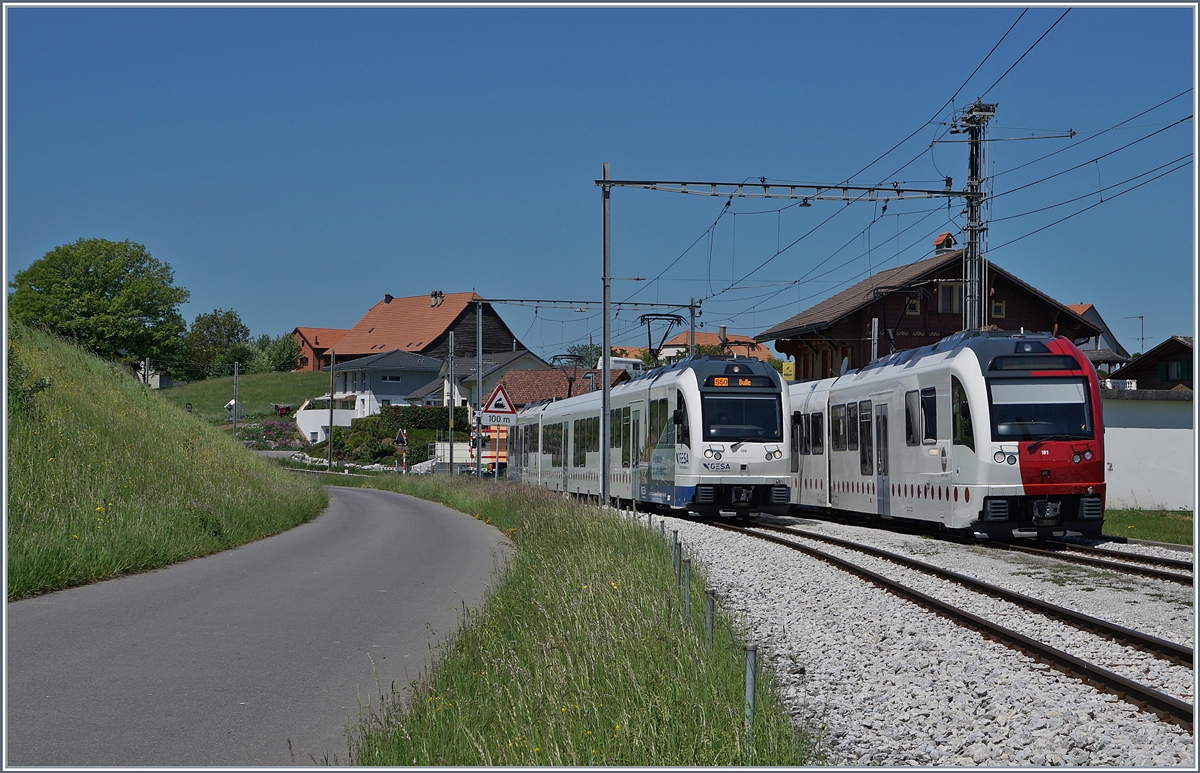 A TPF local trains to Bulle and to Palézieux in the Vaulruz Sud Station. 

19.05.2020
