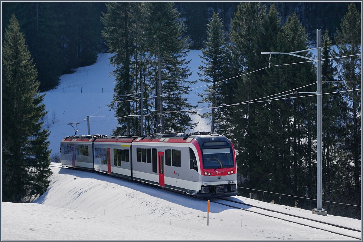 A TRAVYS Be 4/4 / AB / Be 4/4 on the way to Yverdon near Ste Croix. 14.02.2017