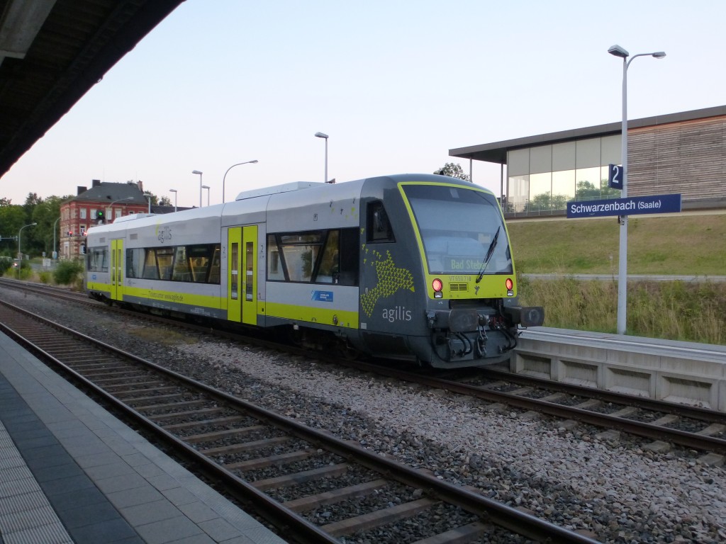 A VT 650 from Agilis is standing in Schwarzenach an der Saale on August 16th 2013.