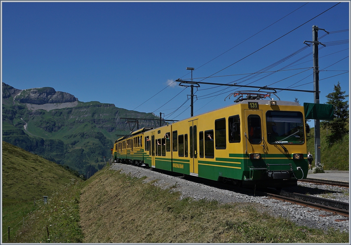 A WAB train to the Kleine Scheidegg is arring at the Wengeneralp.
08.08.2016