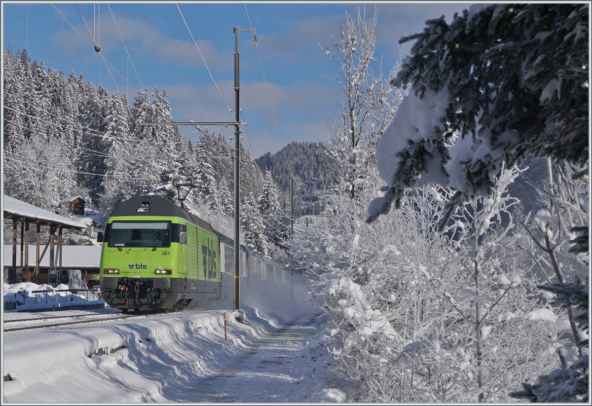 A winterdream: The BLS Re 465 001 with the GolenPass Express GPX 4065 from Interlaken Ost to Montreux by Zweisimmen. 

20.01.2023