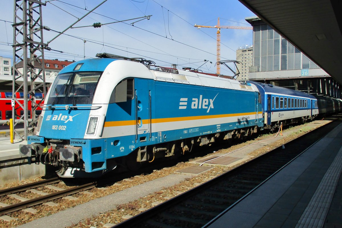 Alexa 183 002 stands with a train to Praha ready for departure at München Hbf on 6 May 2018.