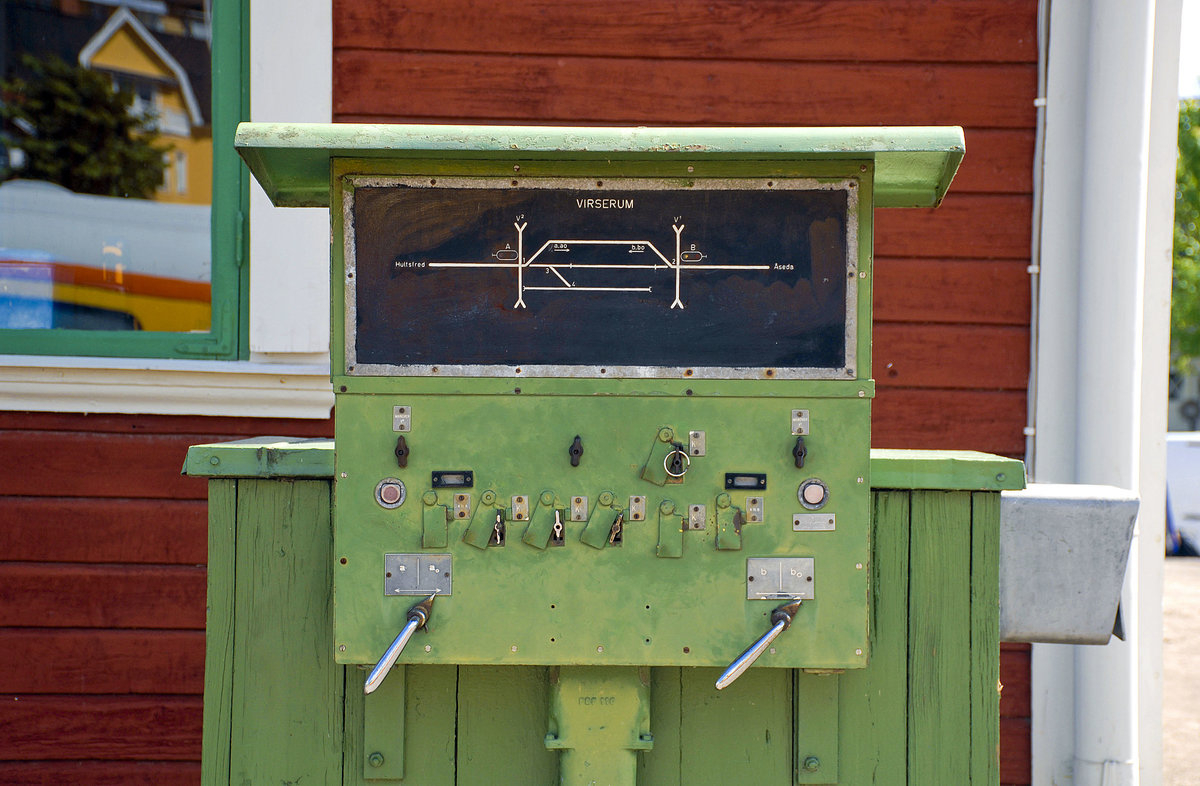 An old switch box at the heritage railway station in Virserum in Sweden. Date: 18. July 2017.