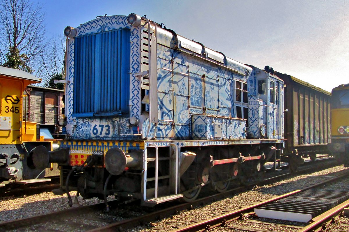 Art for art's sake? 'Delfts Blue' decorated ex-NS 673 stands at the Railway Museum at Utrecht-Maliebaan on 9 March 2015.