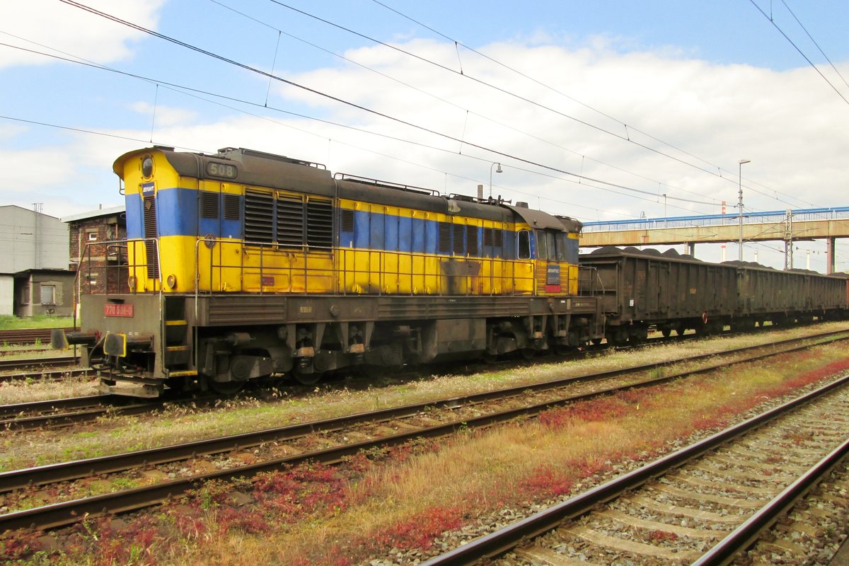 AWT/OKID 770 508 hauls a coal train into Ostrava hl.n. on 3 May 2016.