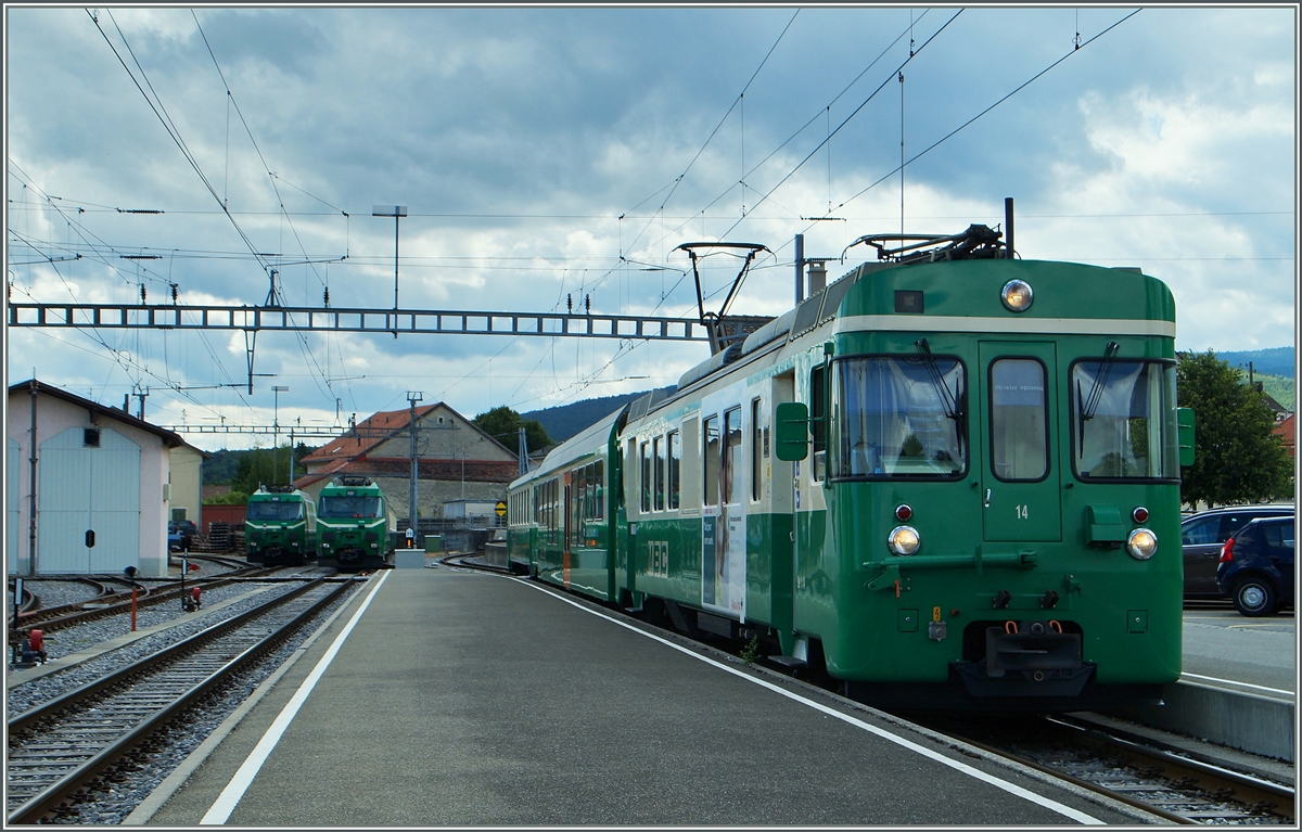 BAM Ge 4/4 21 and 22 on the left, on the right the BAM Be 4/4 14 in Biere.
30.06.2015