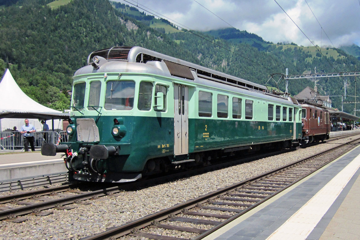 Be 761 stands on 30 June 2013 at Frutigen with one of many shuttles between Frutigen and Kandersteg due to the Centenary of the electrification of the Lötschberg track.