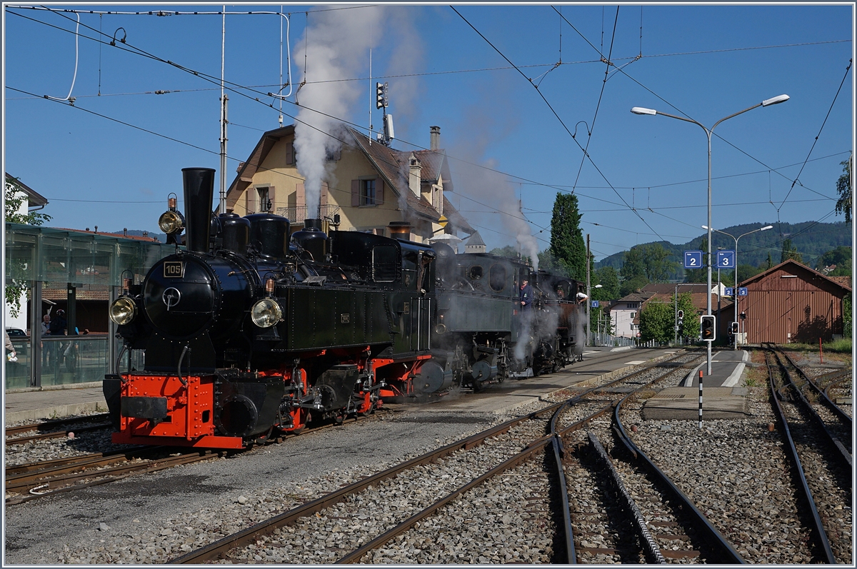 Blonay Chamby Mega Steam Festival: The G 2x 2/2 105, CP E164 and a HG 3/4 in Blonay.
11.05.2018