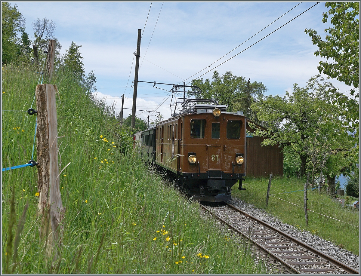 Blonay Chamby Nostalgie & Steam 2021: The Blonay-Chamby Bernina Bahn Ge 4/4 81 by Cornaux on the way to Blonay.

22.05.2021