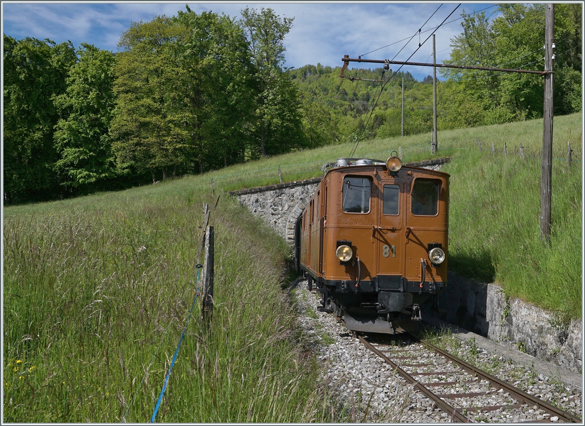 Blonay Chamby Nostalgie & Steam 2021: The Blonay-Chamby Bernina Bahn Ge 4/4 81 is comming out of the 45 Meter long Cornaux Tunnel between Vers-Chez-Robert and Cornaux. 

23.05.2021
