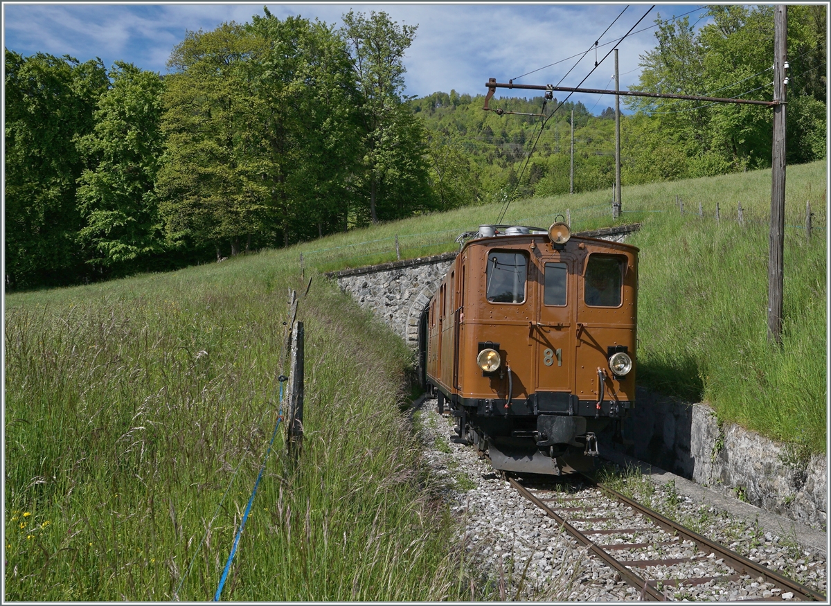 Blonay Chamby Nostalgie & Steam 2021: The Blonay-Chamby Bernina Bahn Ge 4/4 81 is comming out of the 45 Meter long Cornaux Tunnel between Vers-Chez-Robert and Cornaux. 

23.05.2021