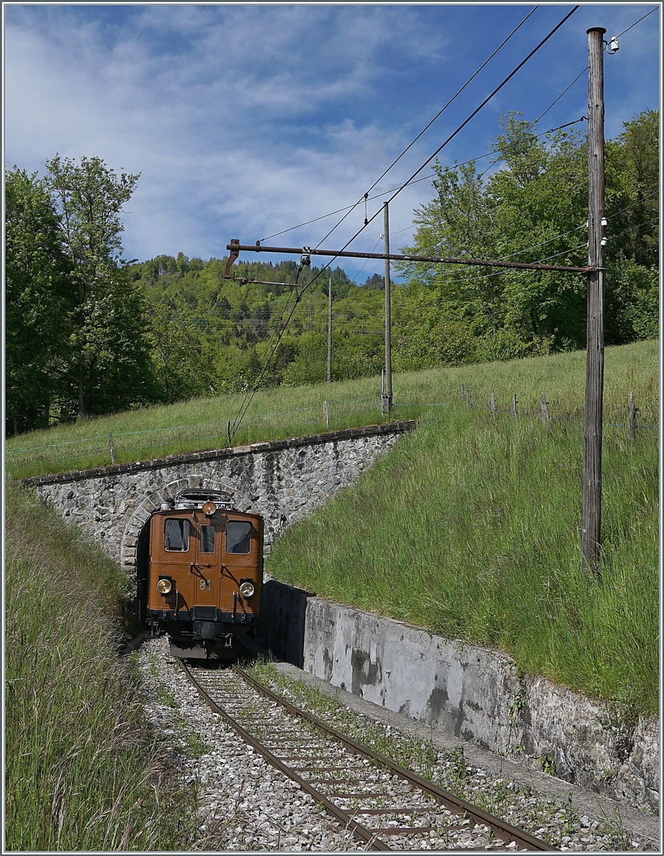 Blonay Chamby Nostalgie & Steam 2021: The Blonay-Chamby Bernina Bahn Ge 4/4 81 is comming out of the 45 Meter long Cornaux Tunnel between Vers-Chez-Robert and Cornaux. 

23.05.2021