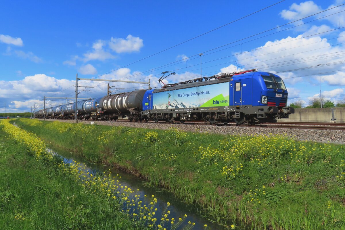 BLS Cargo 193 497 hauls a tank train for Trecate thropugh Valburg on 18 April 2024.