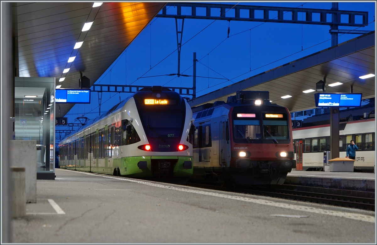  blue hour  in La Chaux de Fonds with the transN RABe 523 077 from Neuchatel to Le Locle and a SBB RBDe 560 to Biel/Bienne. RABe 523 077, which is owned by SBB, is leased to transN on a long-term basis.
Feb 3, 2024