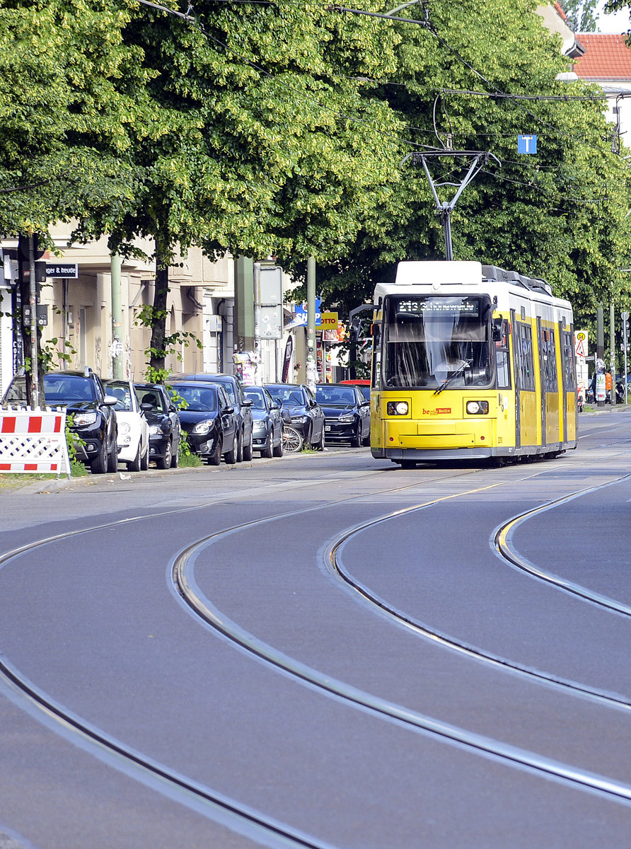 BVG Berlin Tram 2203 (Flexity) in Boxhagener Straße in Berlin-Friedrichshain. Date: 8 June 2019.