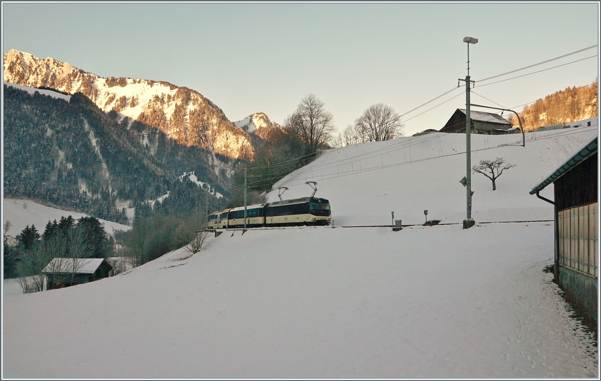 By Rossinères is the glen always in the shadow als is commig the Ge 4/4 8001 wiht his GoldenPass PE from Montreux to Zweisimmen. 

11.01.2021