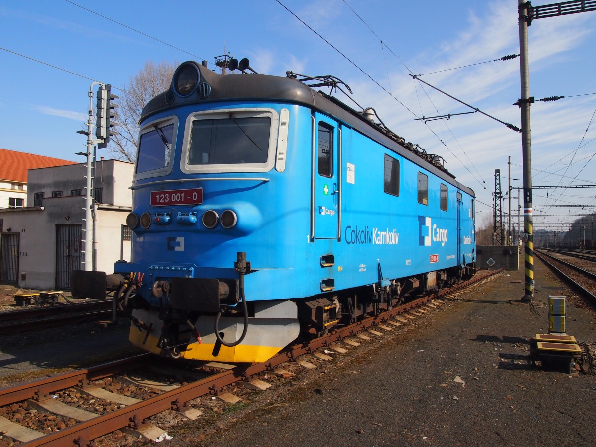 CD Cargo 123 001-0 (Skoda Plzen 1971) at the Railway station Kralupy nad Vltavou in 8. 3. 2015.