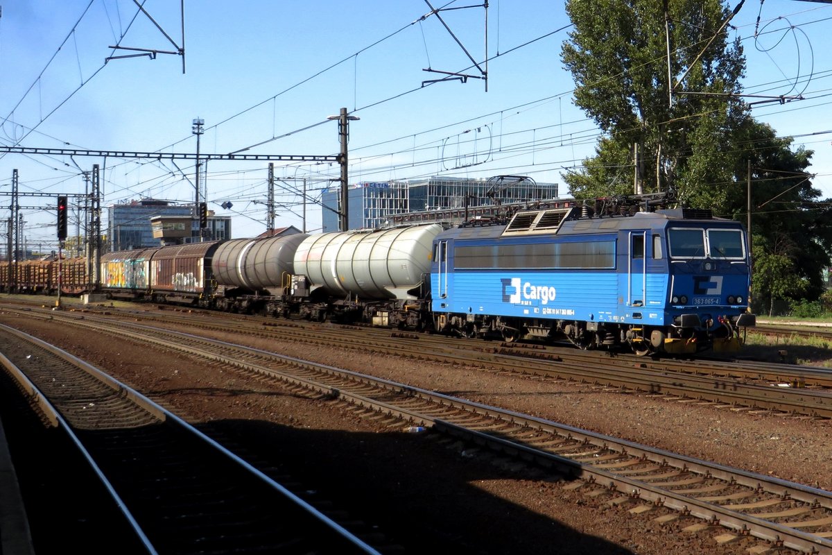 CD Cargo 363 065 passes through Praha-Liben with a mixed freight on 20 September 2020.