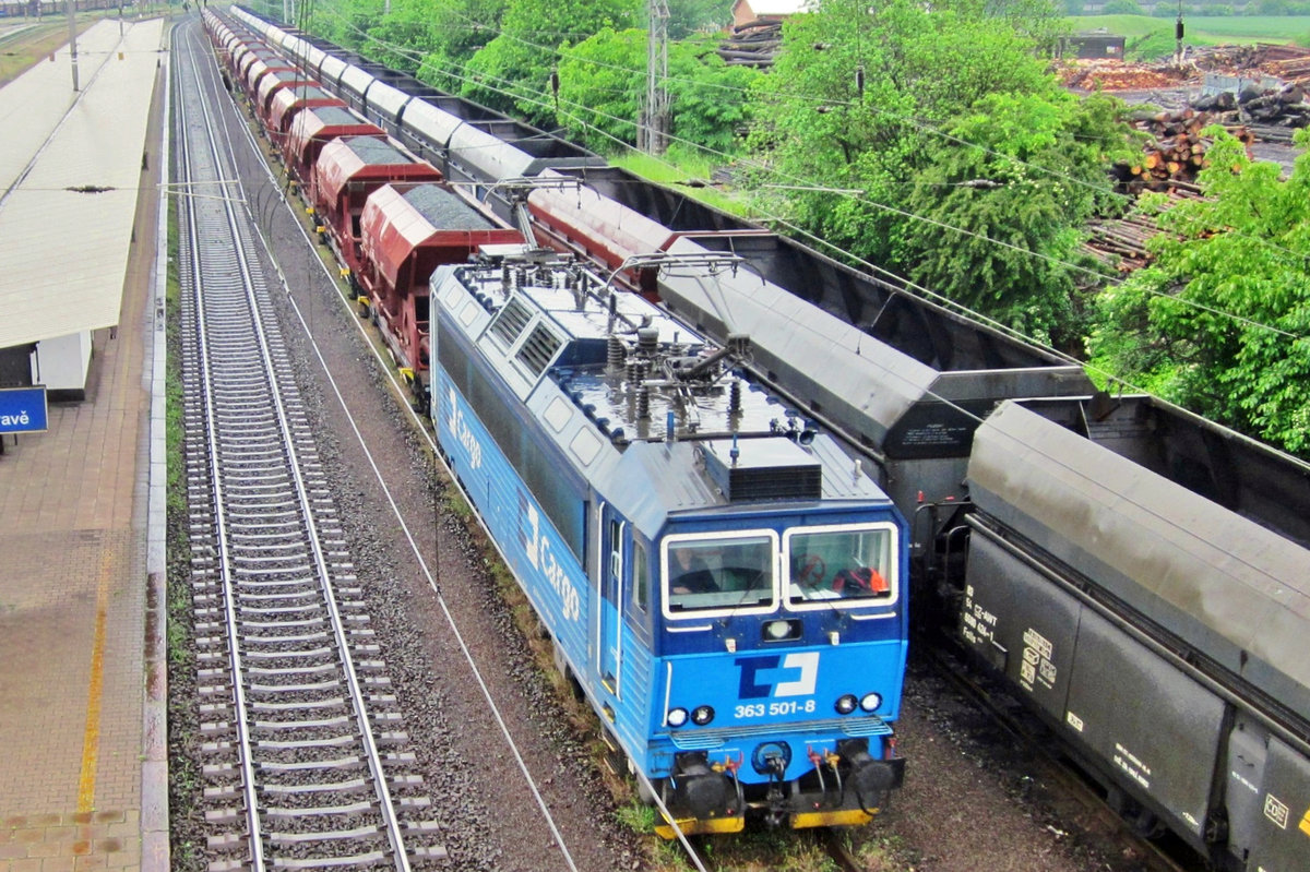 CD Cargo 363 501 waits on 4 June 2015 at Hranice nad Morave with a coal train.