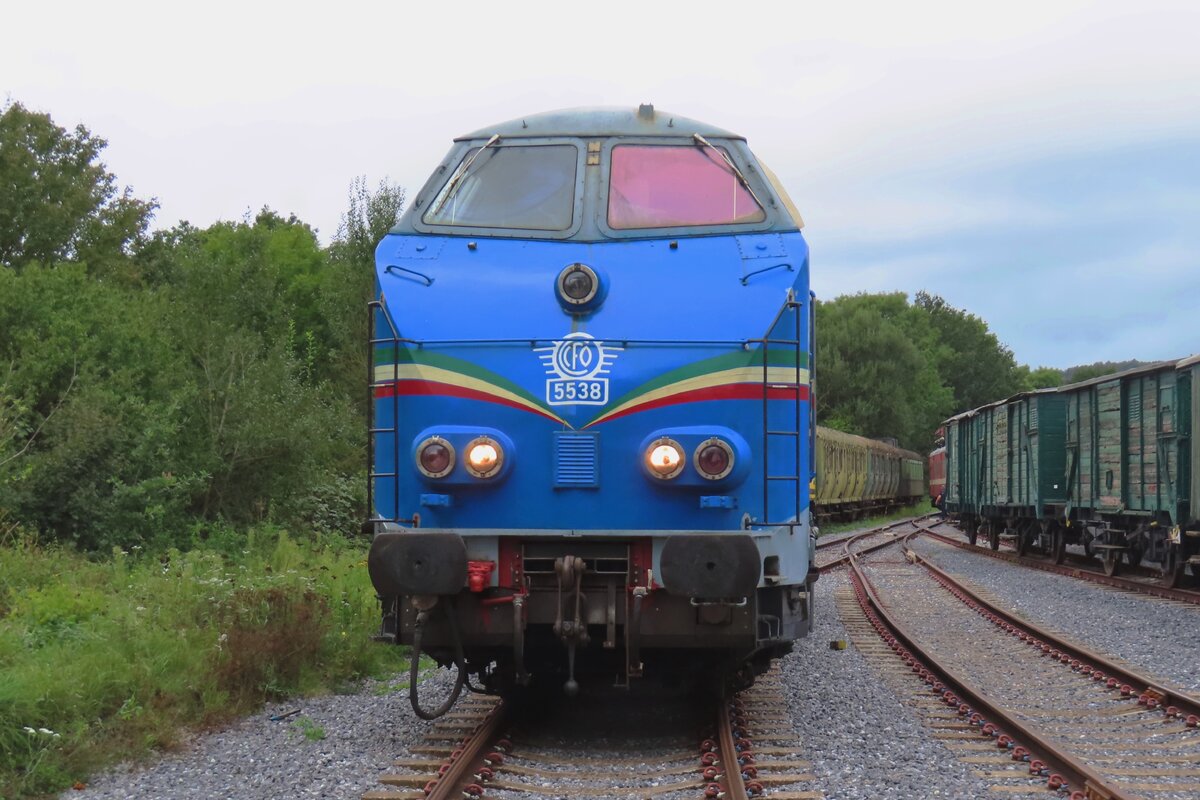 CFC/NMBS/CFV3V 5538 stands on 23 September 2023 in Treignes. The railways of Congo (Chemins de Fer du Congo) tried to buy three ex-SNCB Class 55s, but the deal fell through due to another civil war in that African country. The NMBS/SNCB was and is phasing out Class 55 rapidly and the 5538, which was to be opne of the Congolese locos, ended with the CFV3V that uses the loco on Diesel days and for some shunting duties. Since there are plans to give the loco a repaint back to original colours, anyone willing to photograph a quasi-Congolese Diesel in the Belgian Ardennes is advised not to wait for too long.