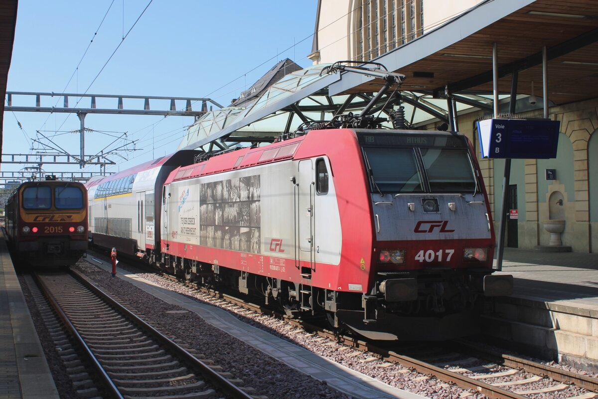 CFL advertiser 4017 stands in Luxembourg gare on 20 August 2023 -that day, three advertising TRAXX were seen at Luxembourg gare in less than one hour. 