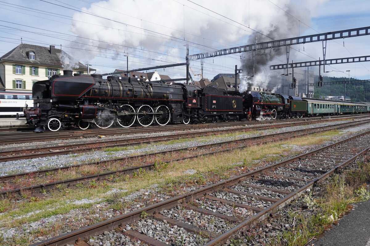 Dampflok Depot FULL's  ex-SNCF 241A65 is about to haul a nine coach strong extra train out of Brugg AG towards Solothurn and back on 17 May 2026, with the locally based Verein Mikado 1244 ex-SNCF 141R-1244 second in command. 