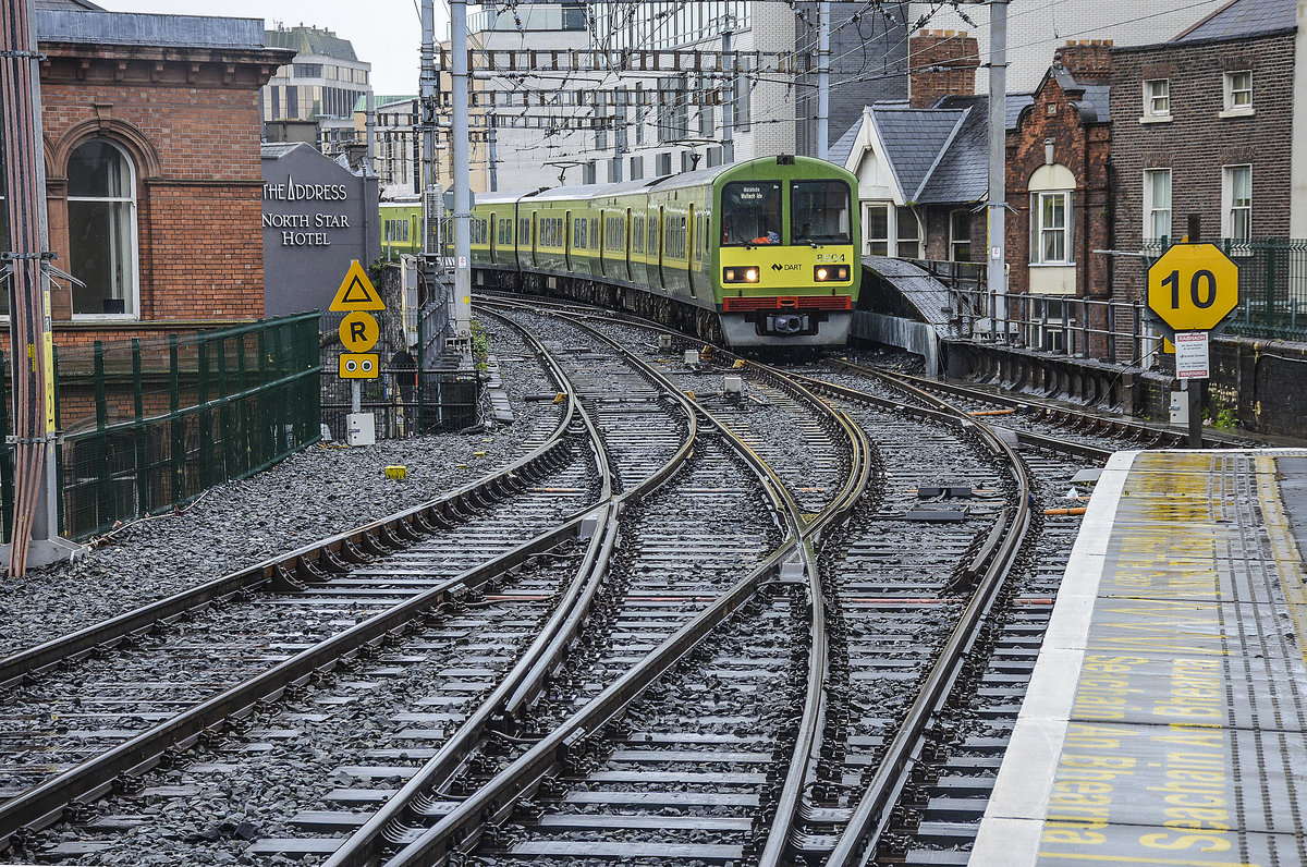 DART (Dublin Area Rapid Transit) electric multiple unit 8504 arriving at the Connolly Station in Dublin.

Date: 9 May 2018.