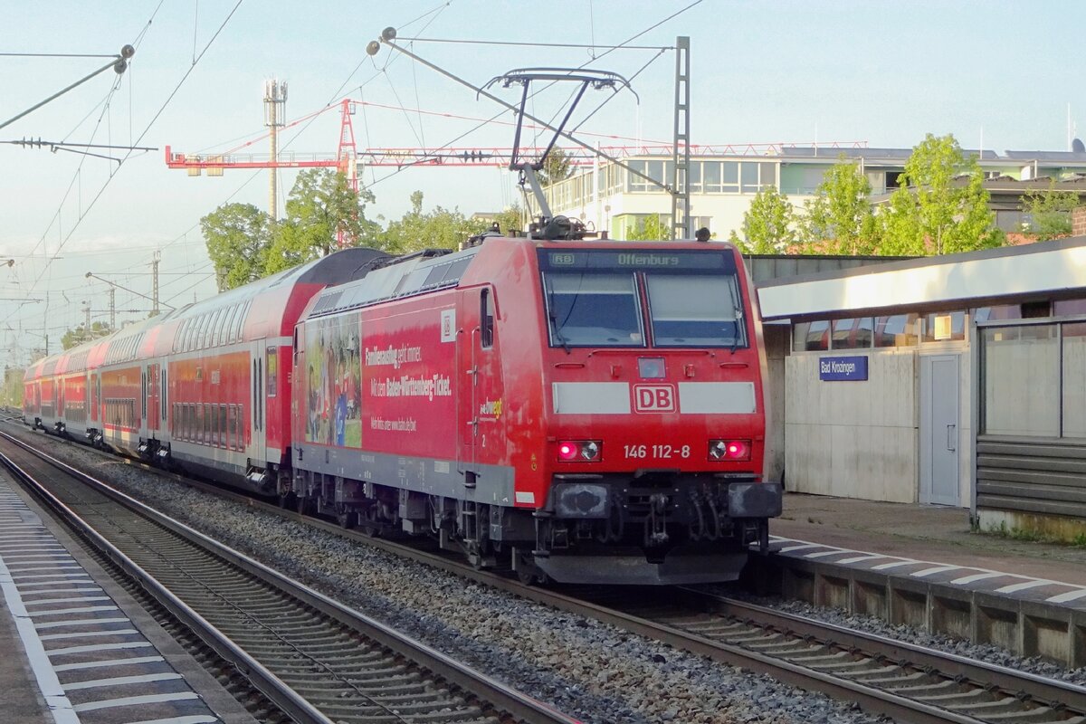 DB 146 112 pushes an RE out of Bad Krozingen on 29 May 2019.