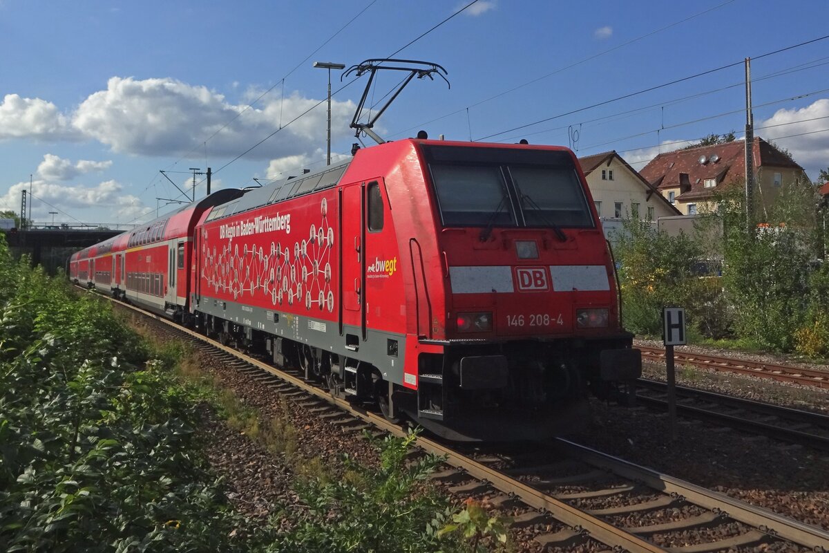 DB Regio 146 208 feels at home in Baden-Württemberg as she pushes an RE out of Göppingen on 14 September 2019.