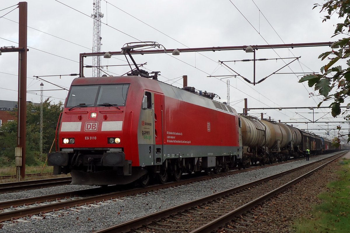 DB Schenker Danmark 3110 has enterd Padborg on a grey 24 September 2014.