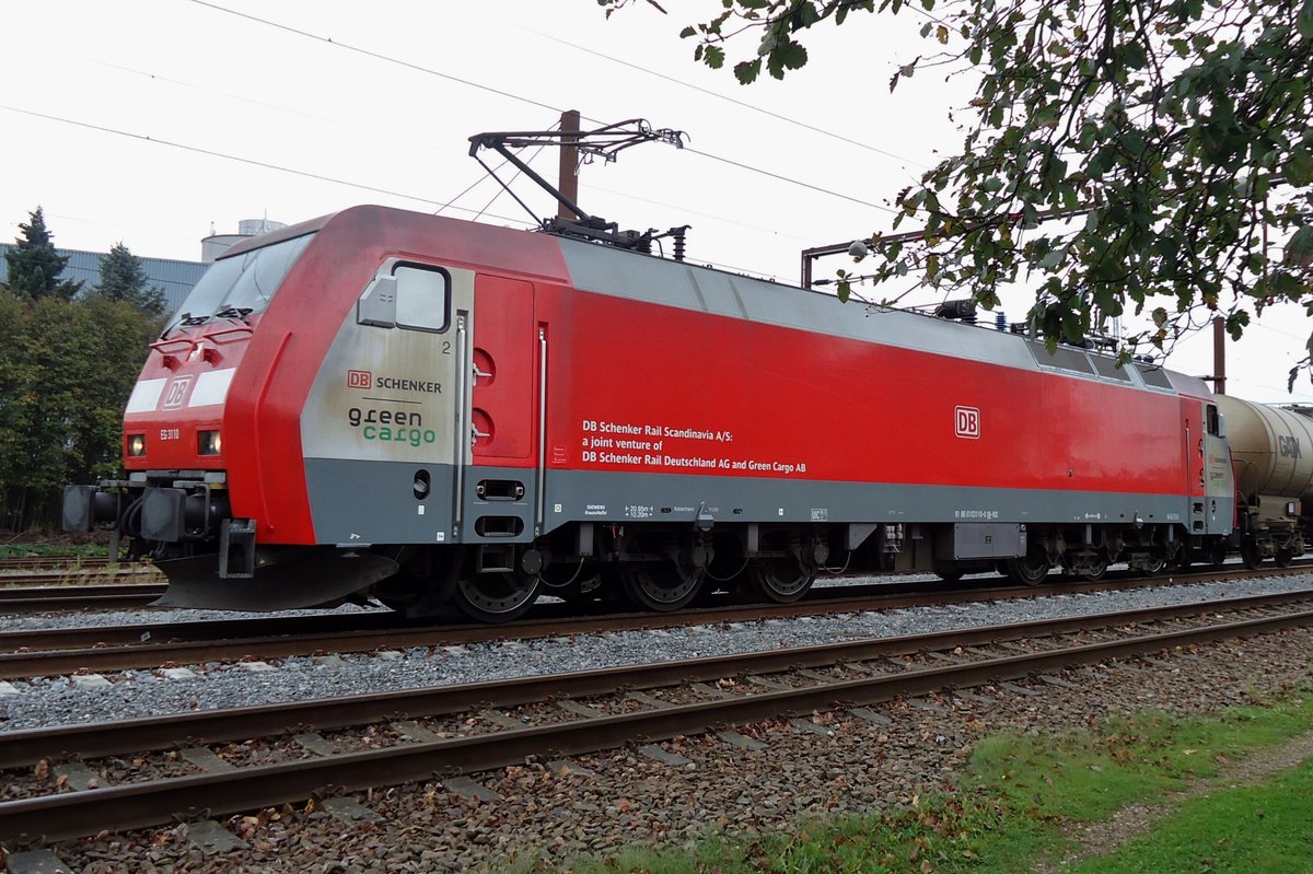 DB Schenker Danmark 3110 has enterd Padborg on a grey 24 September 2014.