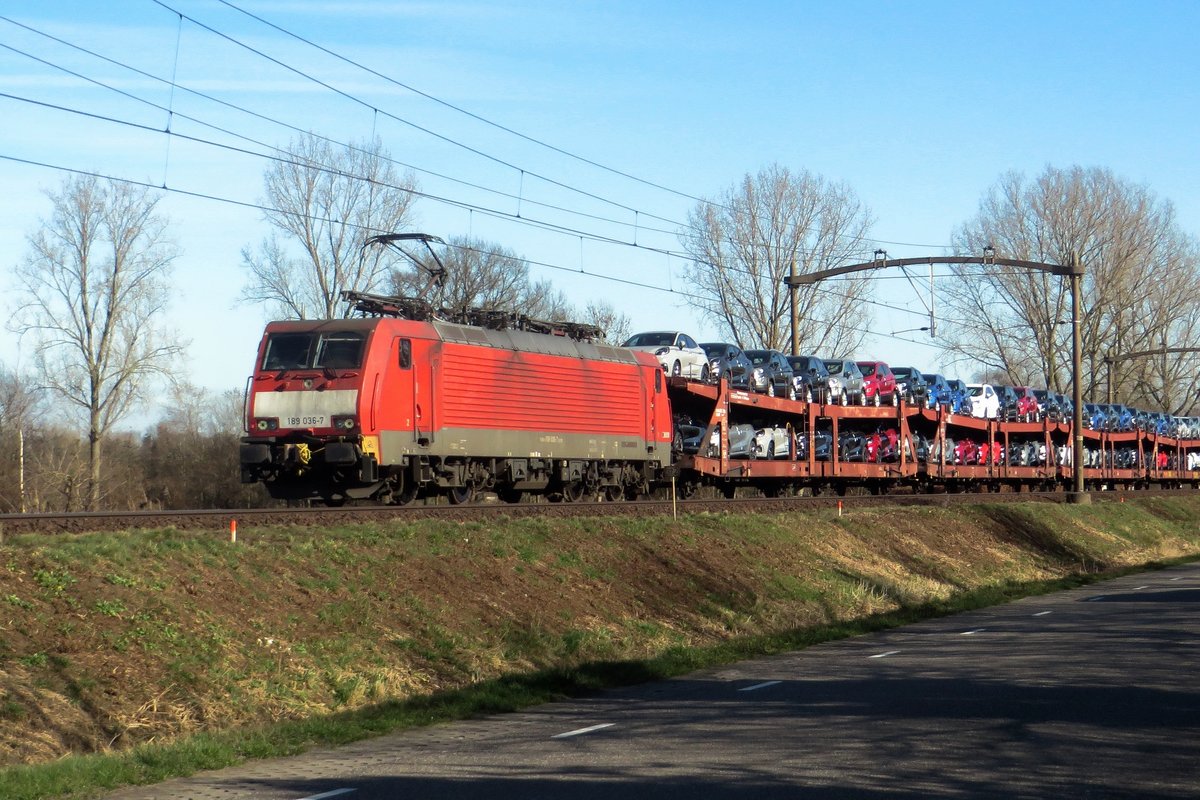 DBC 189 036 hauls a train of automotives through Boxtel on 24 February 2021.