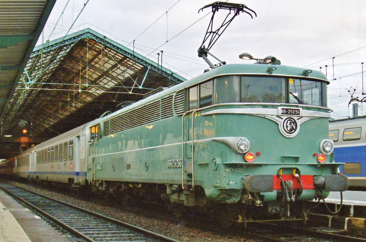 Designated museum electric 25236 stands at Lyon-Perrache with a Corail to Grenoble on 30 May 2008.