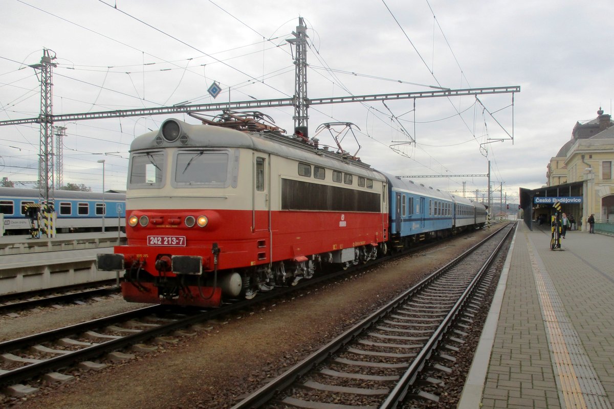 Designated museum loco 242 213 hauls empty stock at Ceske Budejovice on 23 September 2018.