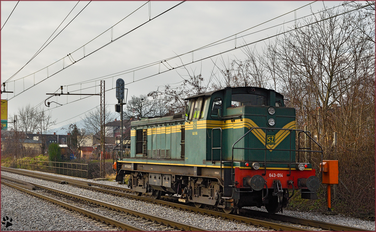 
Diesel loc 643-014 run through Maribor-Tabor on the way to Tezno yard. /19.1.2015
