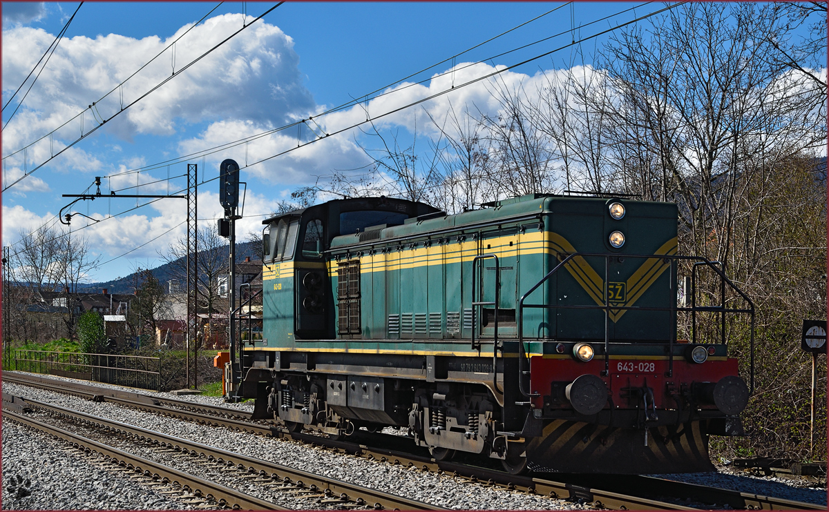 Diesel loc 643-028 run through Maribor-Tabor on the way to Maribor station. /3.4.2015
