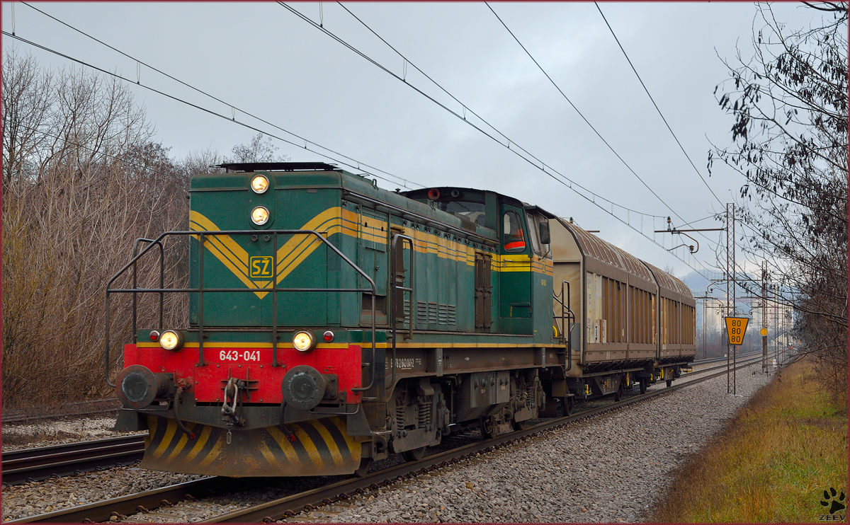Diesel loc 643-041 is hauling freight train through Maribor-Tabor on the way to Tezno yard. /20.1.2014