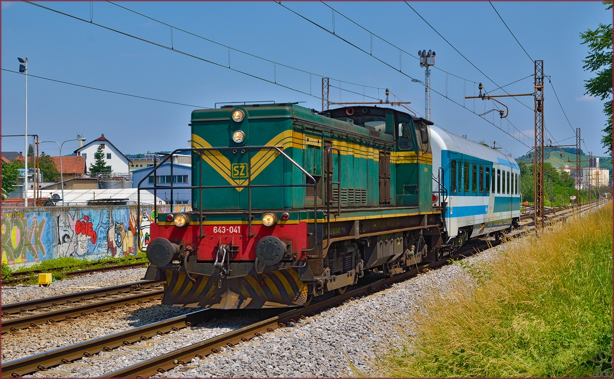 Diesel loc 643-041 pull passengers train through Maribor-Tabor on the way to Ptuj. /13.6.2014