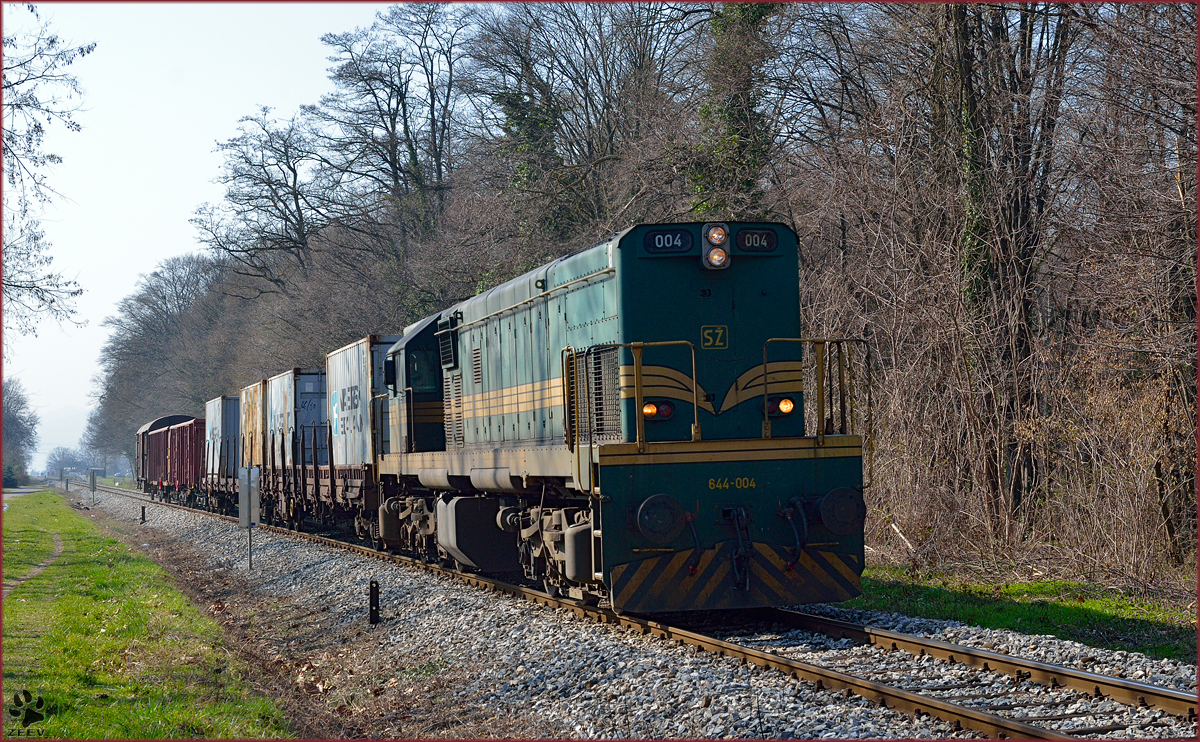 Diesel loc 644-004 is hauling freight train through Maribor-Studenci on the way to Tezno yard. /13.3.2014