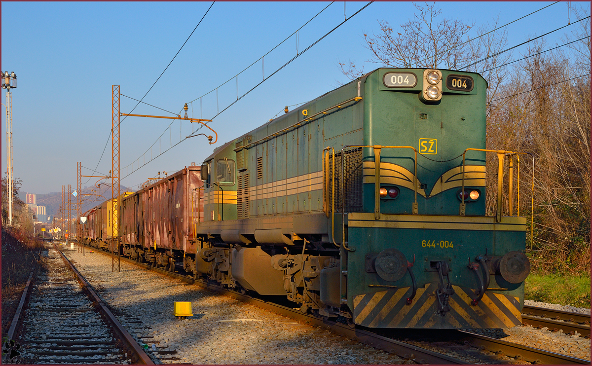 Diesel loc 644-004 pull freight train through Maribor-Tabor on the way to Tezno yard. /5.12.2013