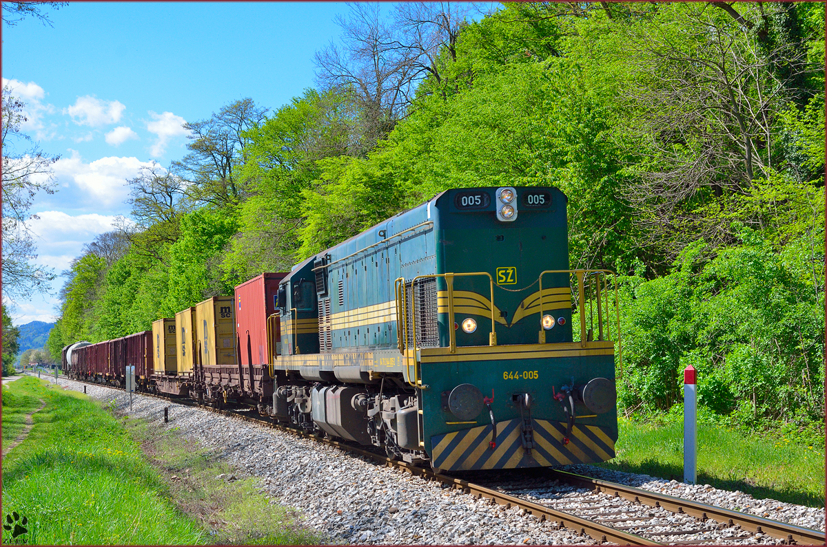 Diesel loc 644-005 pull freight train through Maribor-Studenci on the way to Tezno yard. /9.4.2014