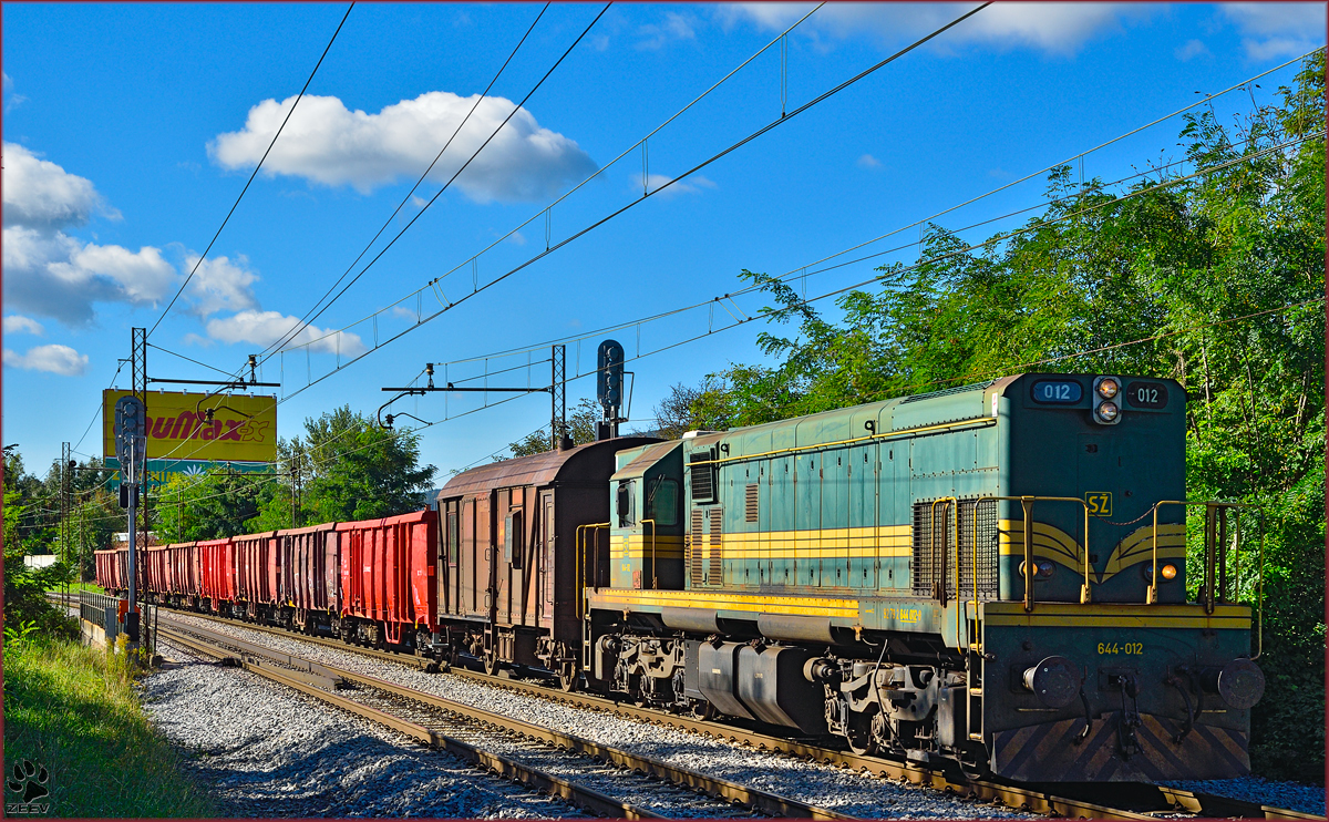 Diesel loc 644-012 pull freight train through Maribor-Tabor on the way to Studenci. /23.9.2014