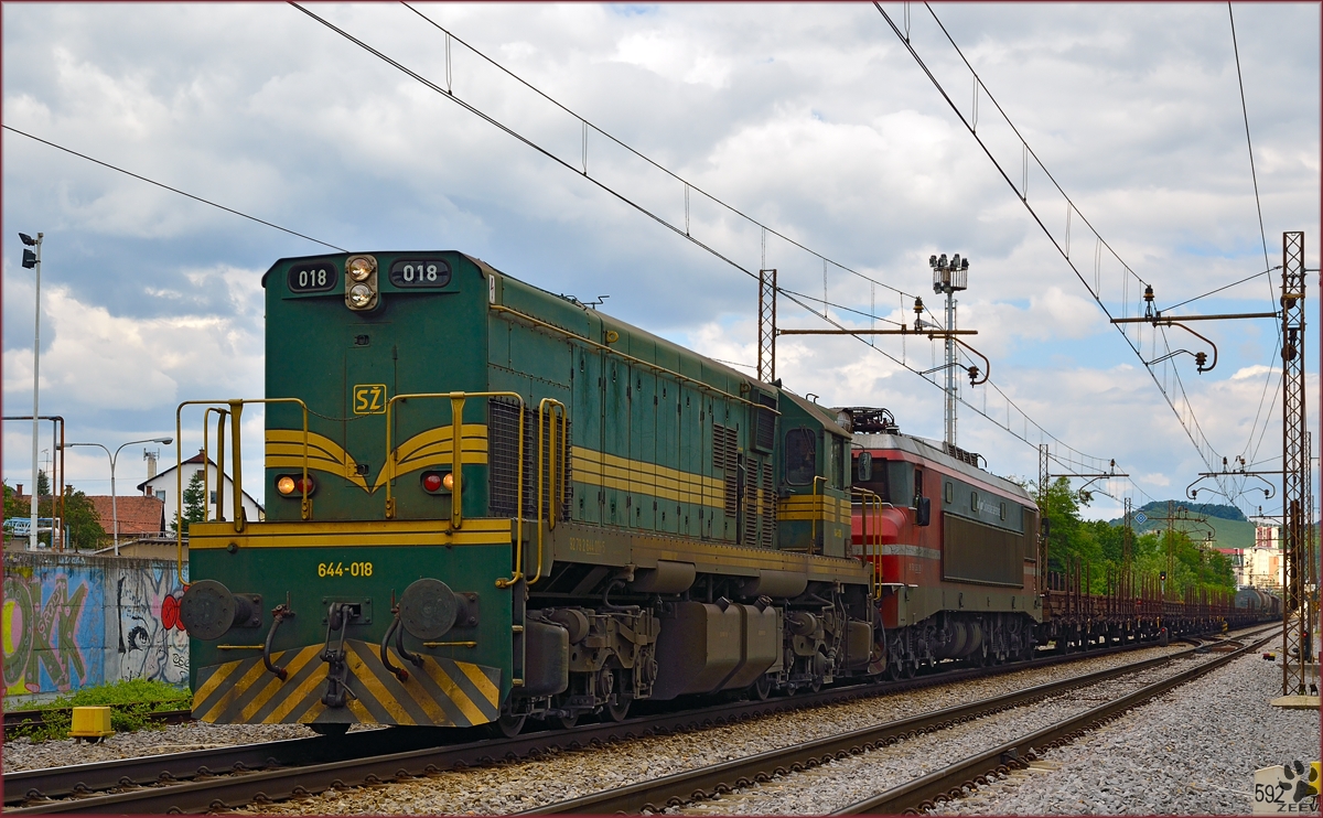 Diesel loc 644-018 pull freight train through Maribor-Tabor on the way to Tezno yard. /31.5.2014