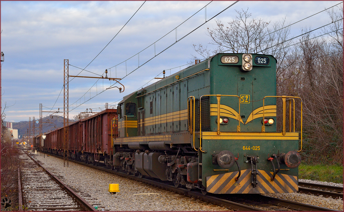 Diesel loc 644-025 pull freight train through Maribor-Tabor on the way to Tezno yard. /10.12.2013