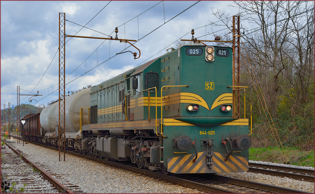 Diesel loc 644-025 pull freight train through Maribor-Tabor on the way to Tezno yard. /24.3.2014