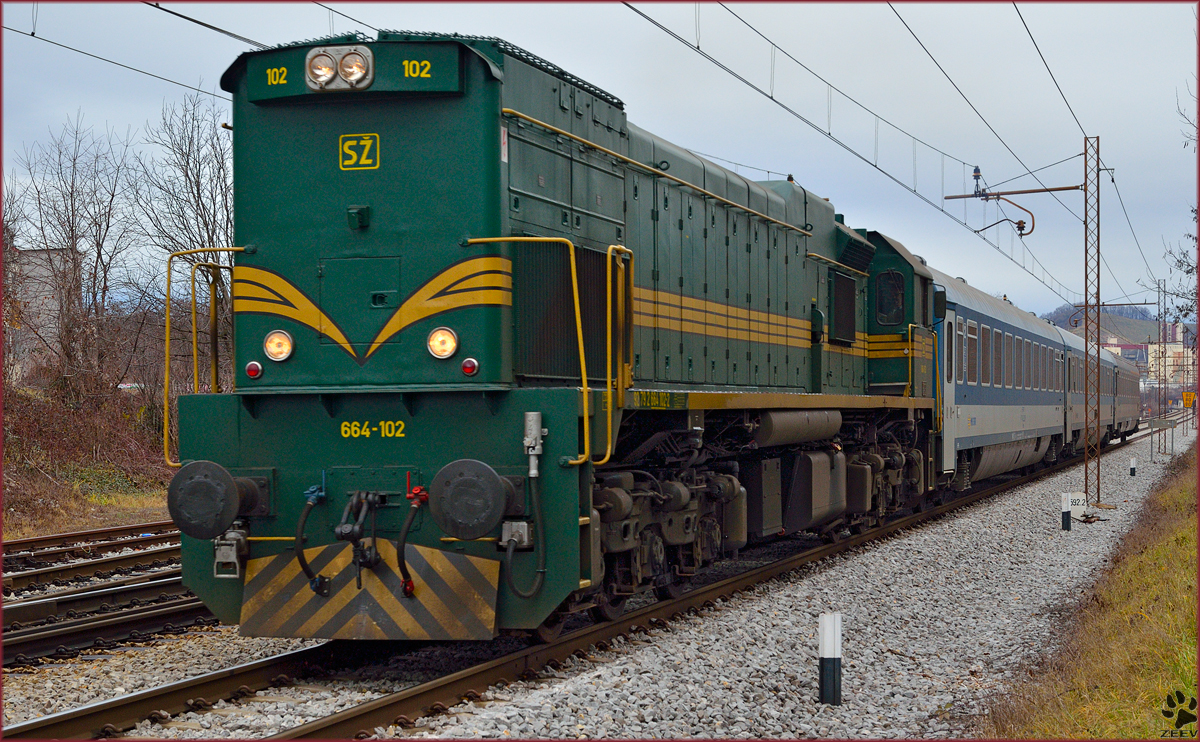 Diesel loc 664-102 is hauling MV247 'Citadella' through Maribor-Tabor on the way to Budapest. /27.12.2013