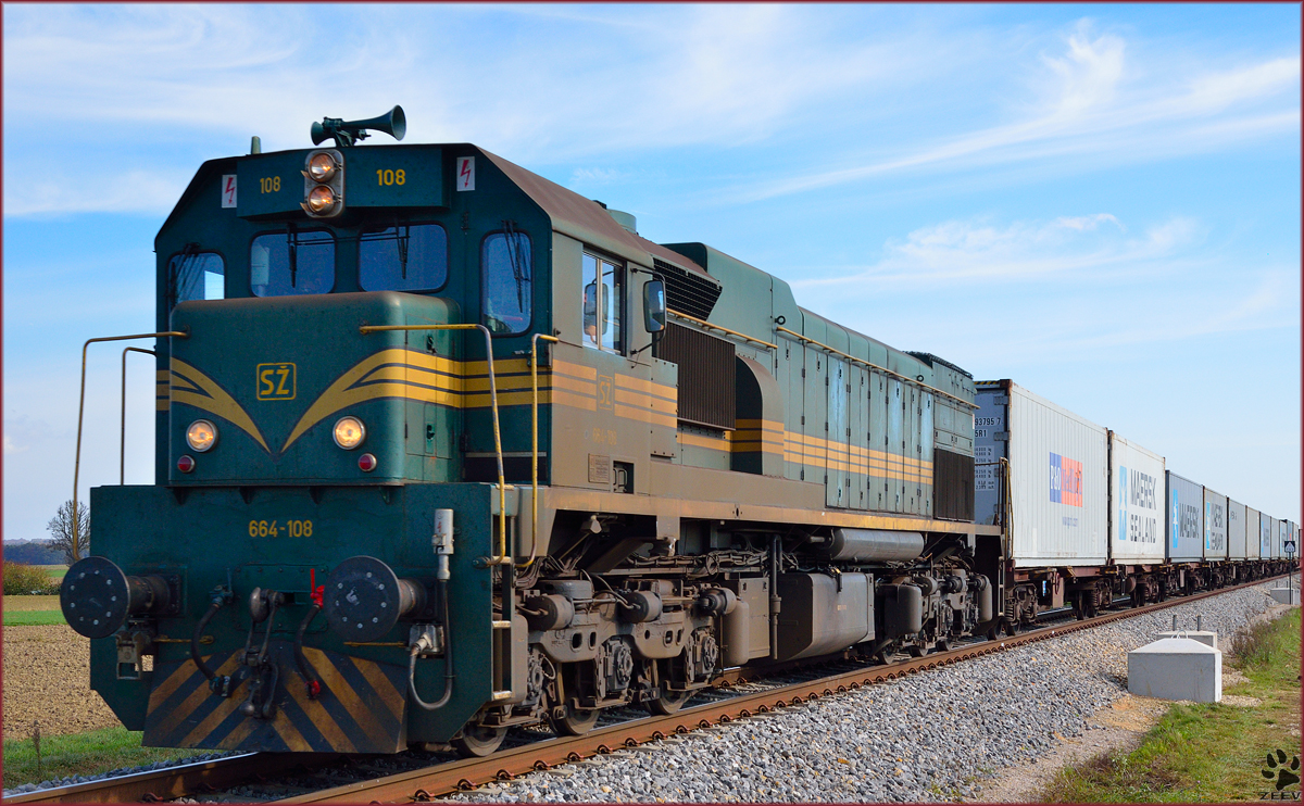 Diesel loc 664-108 pull container train near Podvinci on the way to Pragersko. /25.10.2013